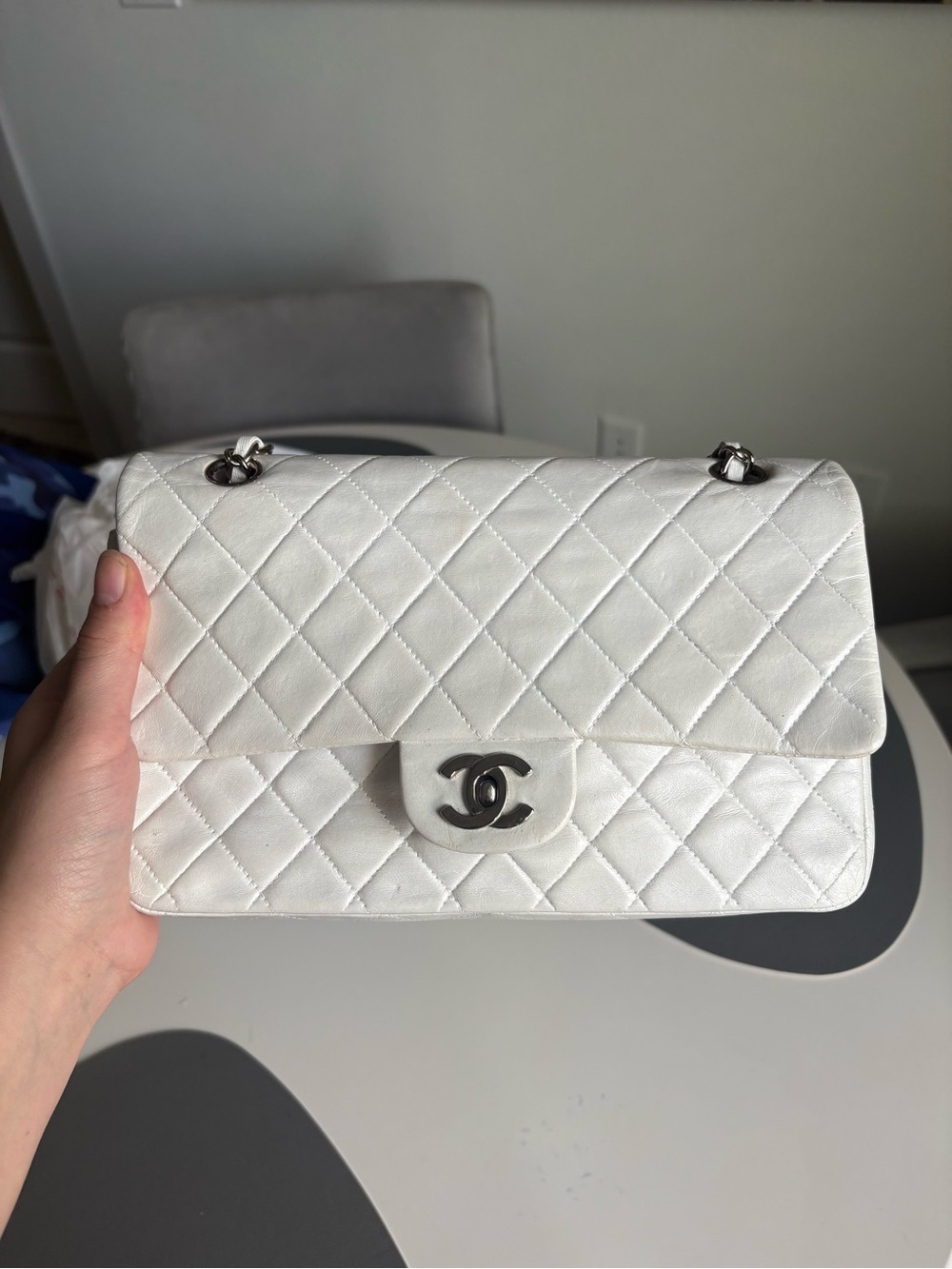 CHANEL White Quilted Lambskin Classic Flap Medium